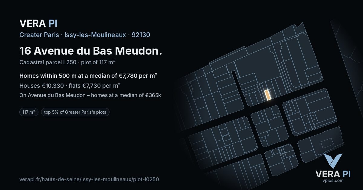16 Avenue du Bas Meudon, Issy-les-Moulineaux at night – the plot lit, the parcels around coloured by the prices near them