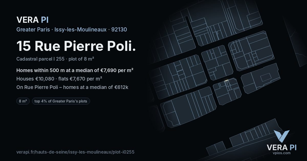 15 Rue Pierre Poli, Issy-les-Moulineaux at night – the plot lit, the parcels around coloured by the prices near them