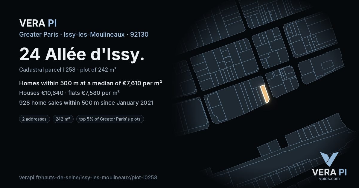 24 Allée d'Issy, Issy-les-Moulineaux at night – the plot lit, the parcels around coloured by the prices near them