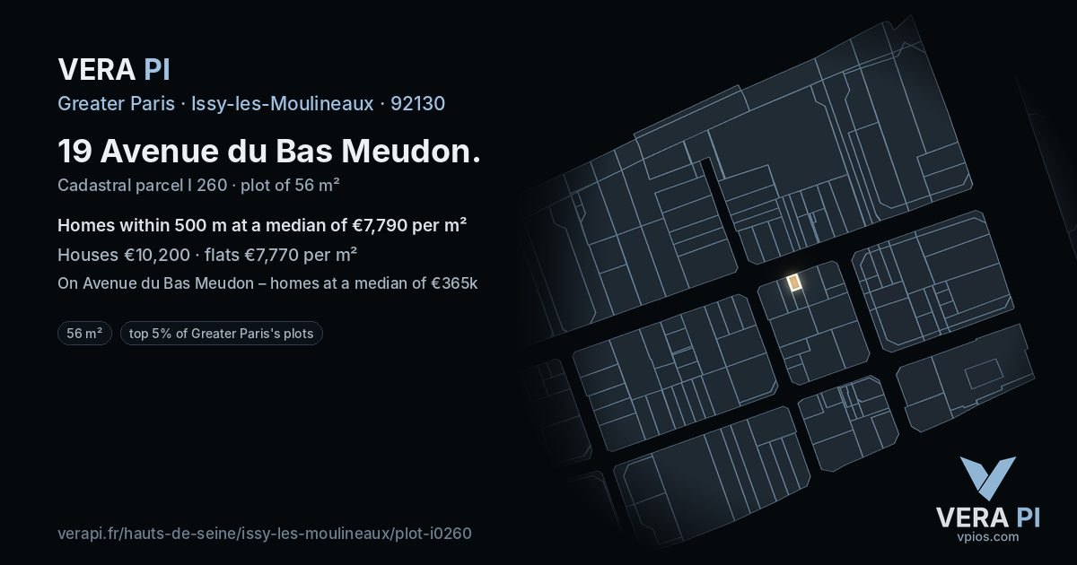 19 Avenue du Bas Meudon, Issy-les-Moulineaux at night – the plot lit, the parcels around coloured by the prices near them