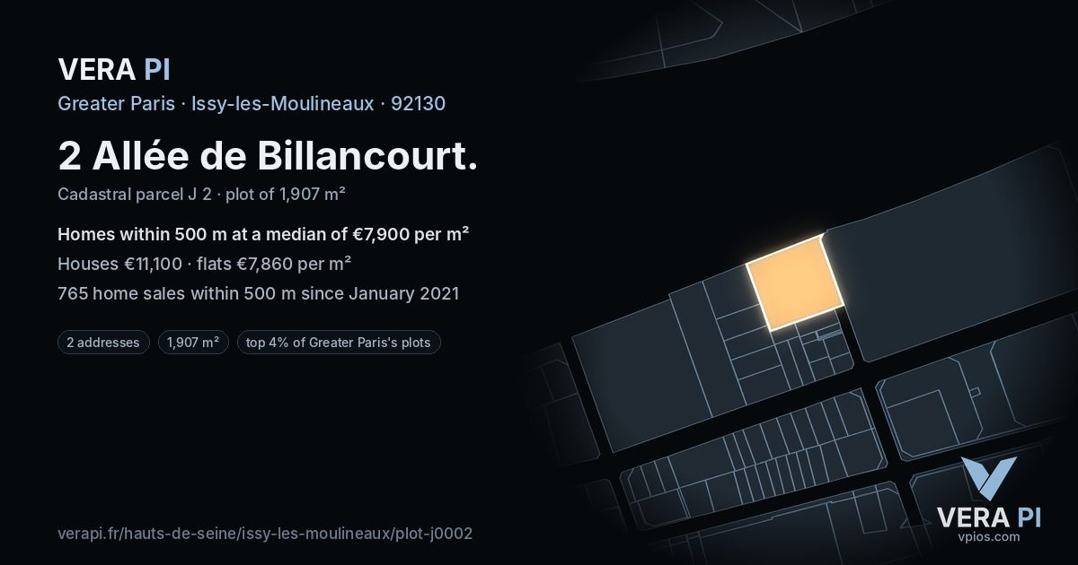 2 Allée de Billancourt, Issy-les-Moulineaux at night – the plot lit, the parcels around coloured by the prices near them