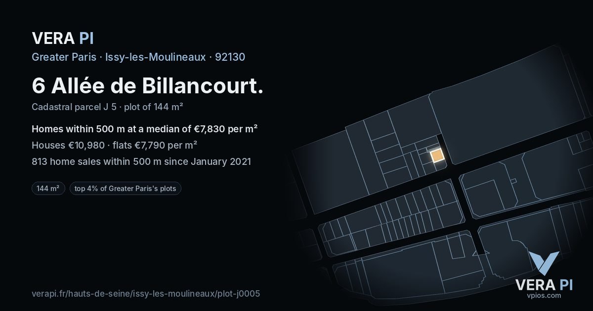 6 Allée de Billancourt, Issy-les-Moulineaux at night – the plot lit, the parcels around coloured by the prices near them