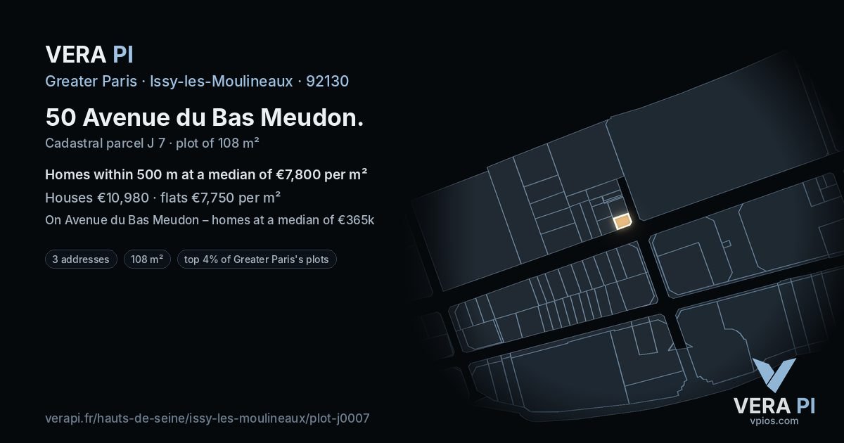 50 Avenue du Bas Meudon, Issy-les-Moulineaux at night – the plot lit, the parcels around coloured by the prices near them