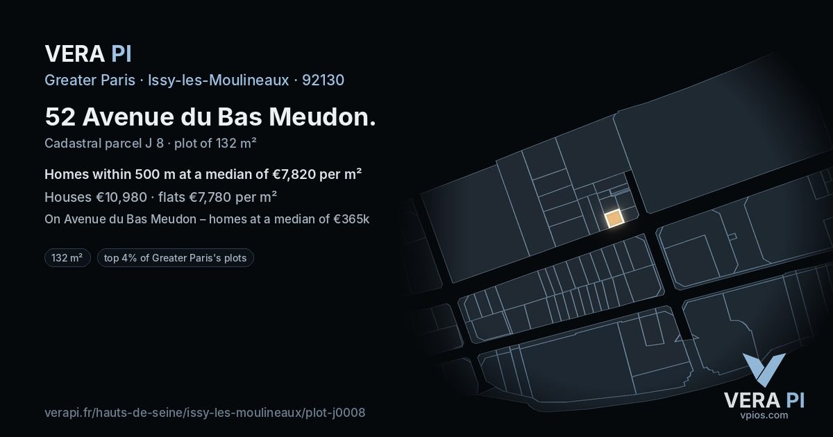 52 Avenue du Bas Meudon, Issy-les-Moulineaux at night – the plot lit, the parcels around coloured by the prices near them