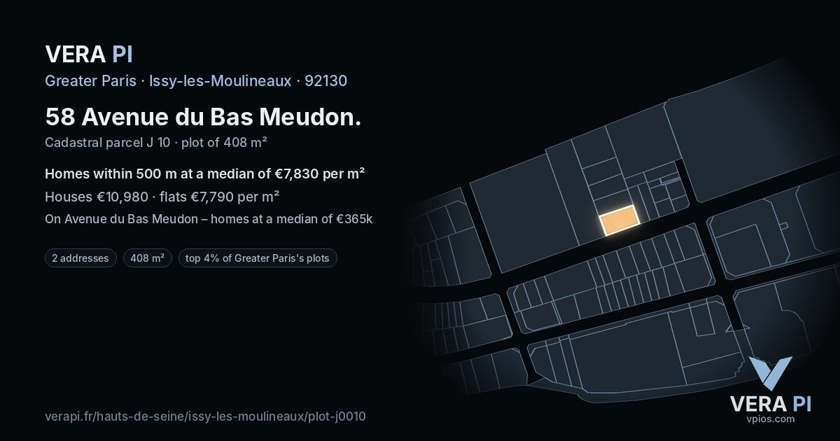 58 Avenue du Bas Meudon, Issy-les-Moulineaux at night – the plot lit, the parcels around coloured by the prices near them
