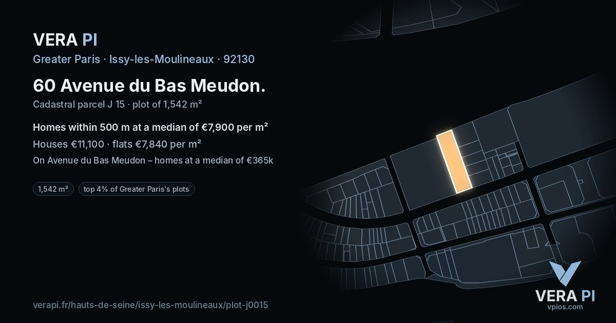 60 Avenue du Bas Meudon, Issy-les-Moulineaux at night – the plot lit, the parcels around coloured by the prices near them