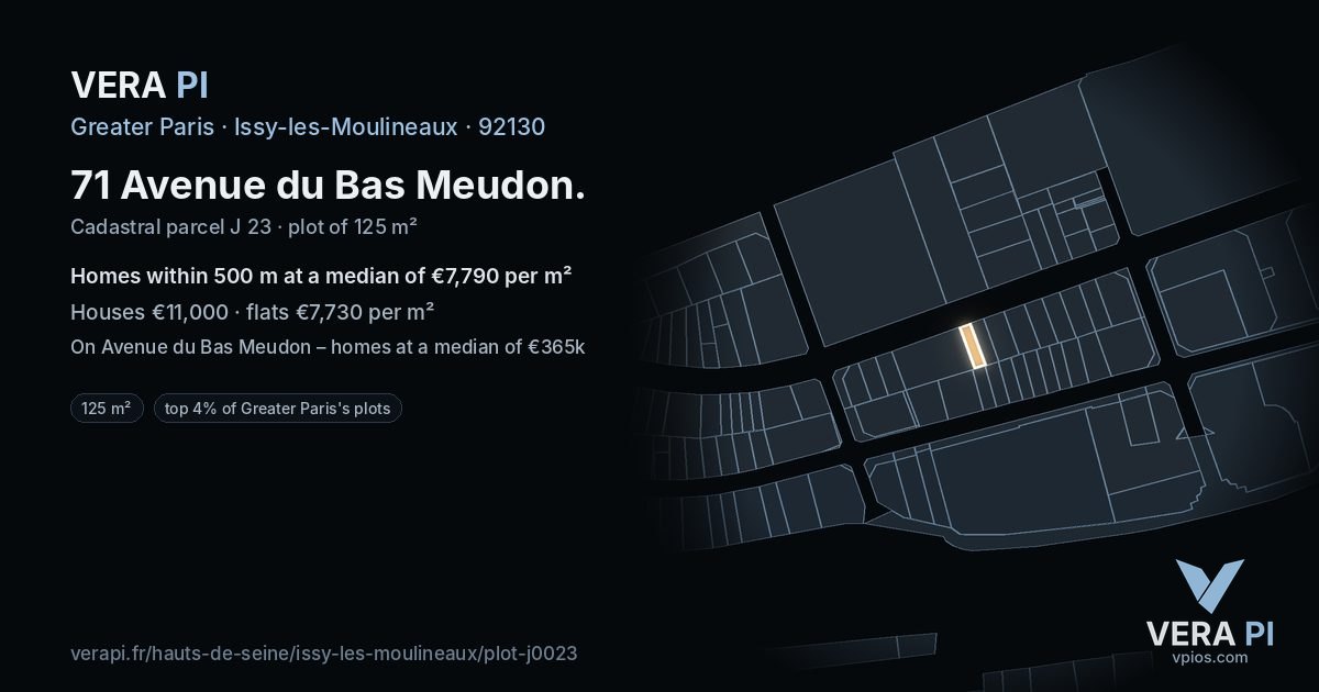 71 Avenue du Bas Meudon, Issy-les-Moulineaux at night – the plot lit, the parcels around coloured by the prices near them