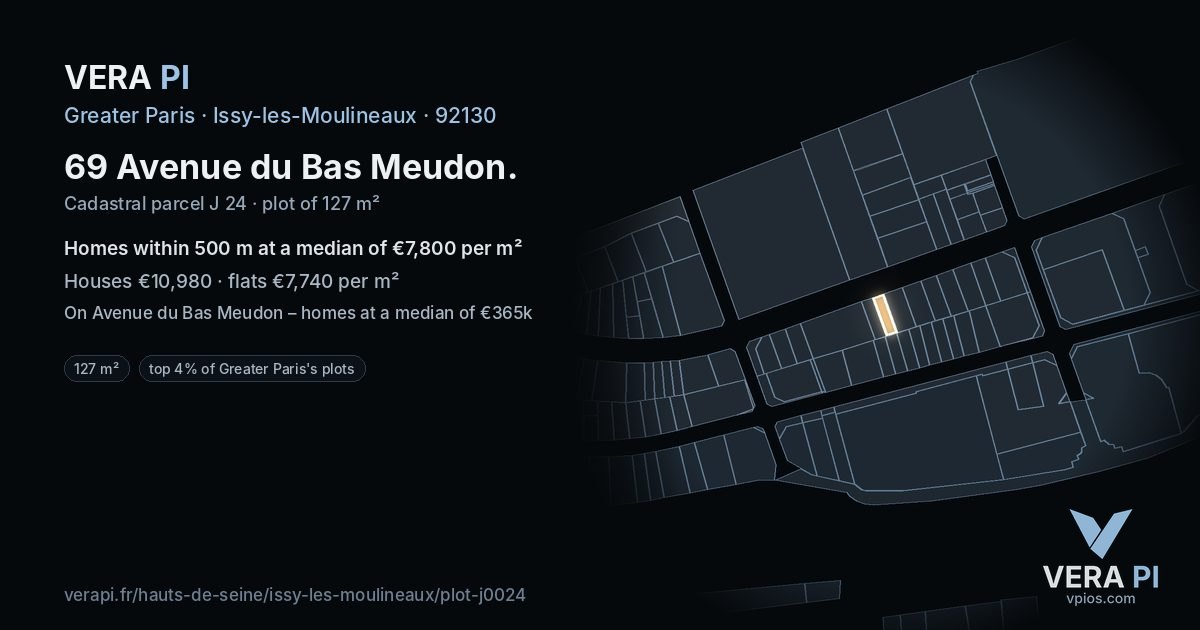 69 Avenue du Bas Meudon, Issy-les-Moulineaux at night – the plot lit, the parcels around coloured by the prices near them