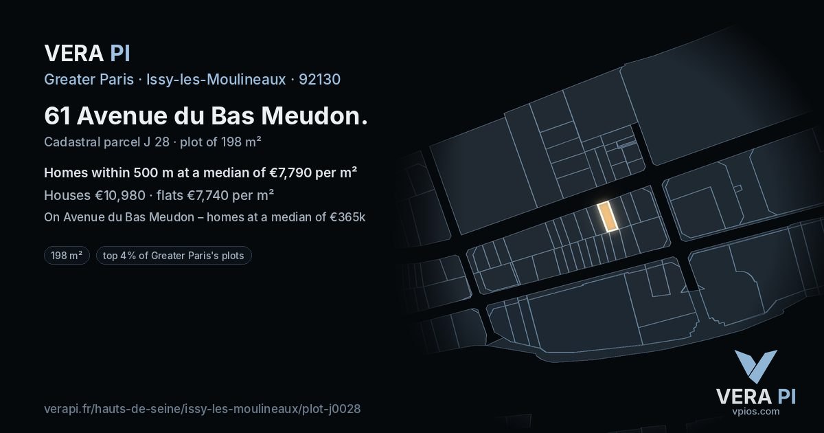 61 Avenue du Bas Meudon, Issy-les-Moulineaux at night – the plot lit, the parcels around coloured by the prices near them