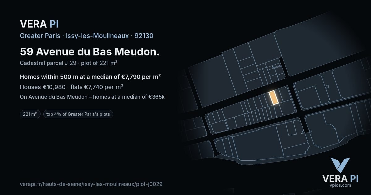 59 Avenue du Bas Meudon, Issy-les-Moulineaux at night – the plot lit, the parcels around coloured by the prices near them