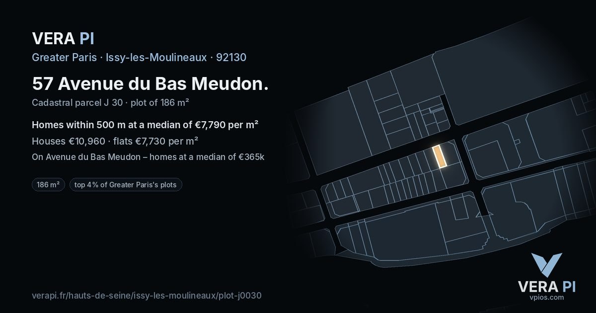 57 Avenue du Bas Meudon, Issy-les-Moulineaux at night – the plot lit, the parcels around coloured by the prices near them