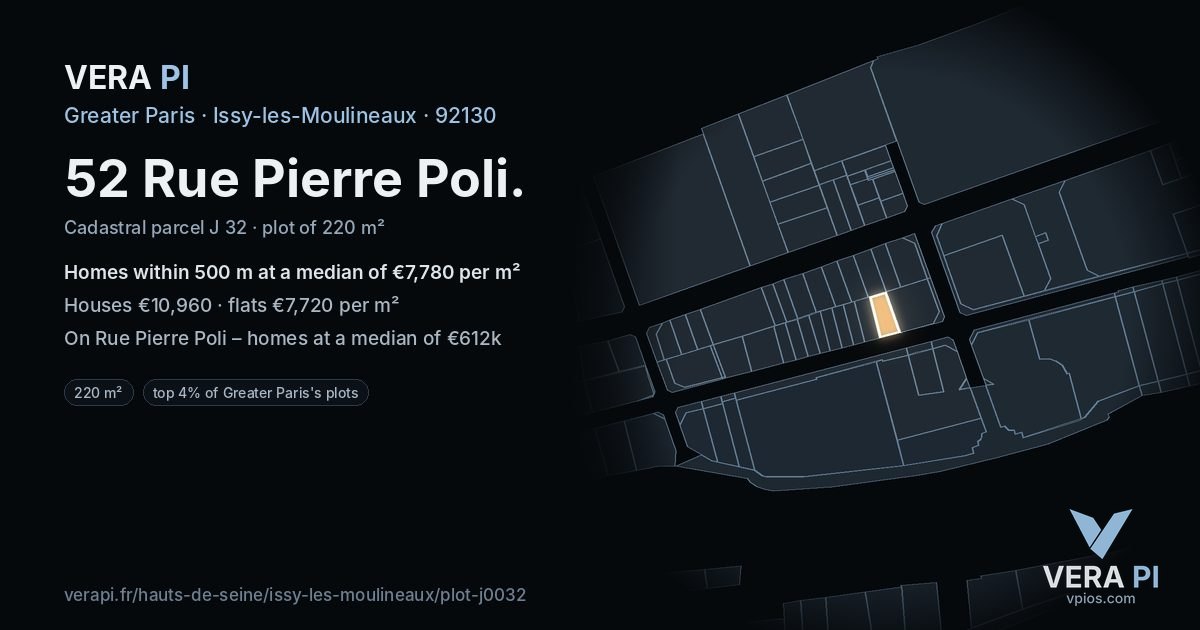 52 Rue Pierre Poli, Issy-les-Moulineaux at night – the plot lit, the parcels around coloured by the prices near them