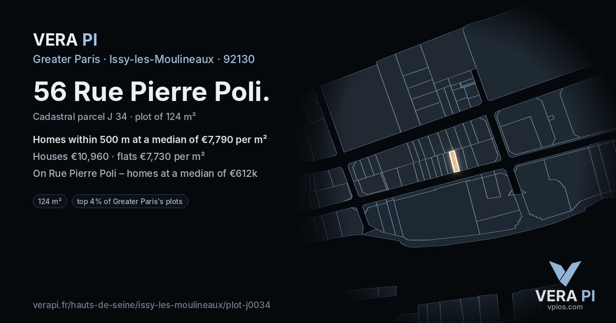 56 Rue Pierre Poli, Issy-les-Moulineaux at night – the plot lit, the parcels around coloured by the prices near them