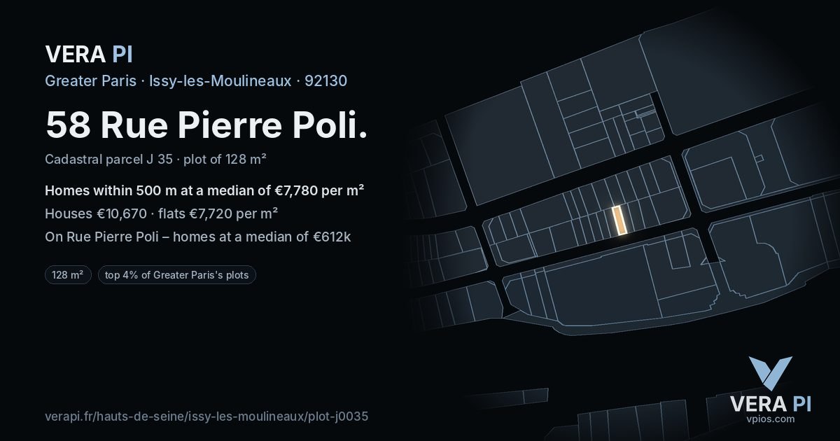 58 Rue Pierre Poli, Issy-les-Moulineaux at night – the plot lit, the parcels around coloured by the prices near them