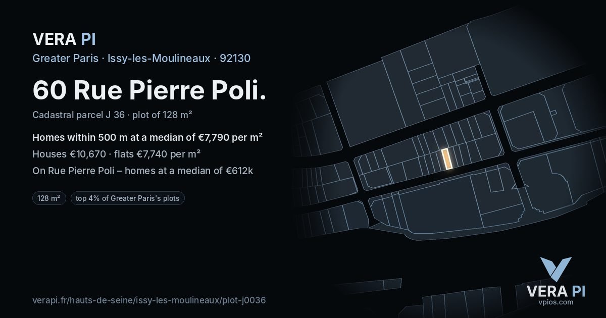 60 Rue Pierre Poli, Issy-les-Moulineaux at night – the plot lit, the parcels around coloured by the prices near them