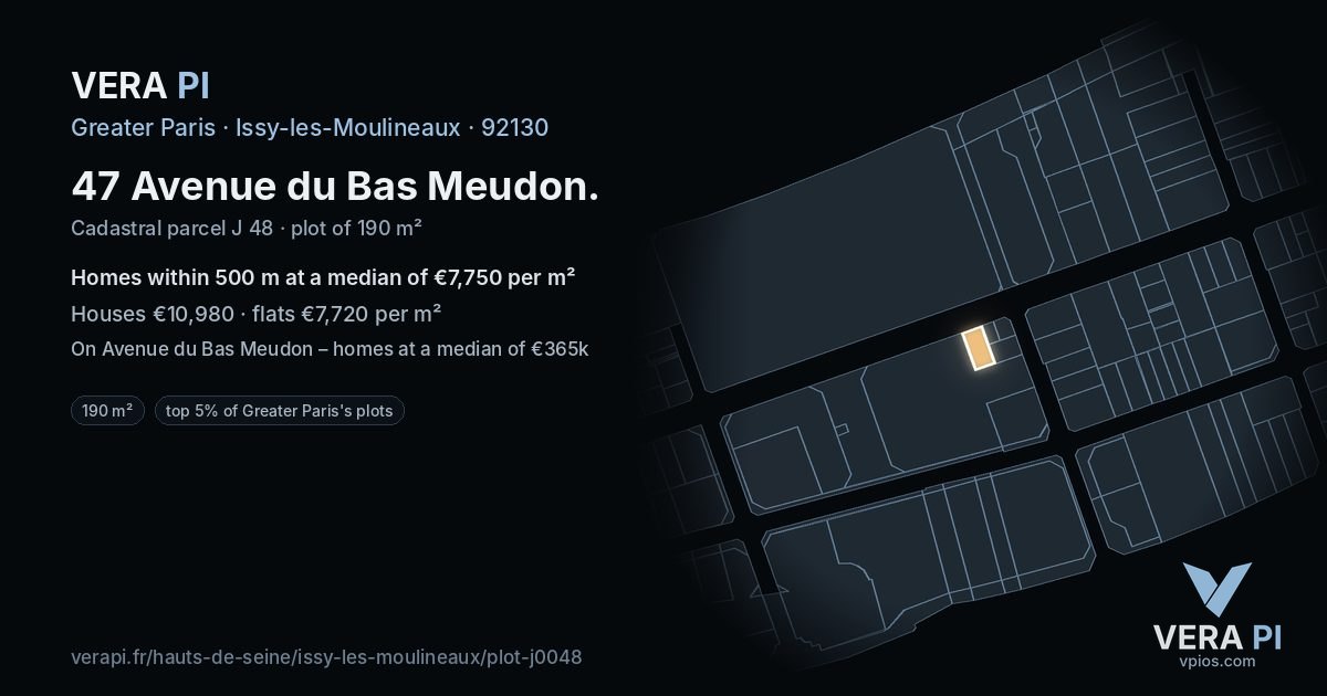 47 Avenue du Bas Meudon, Issy-les-Moulineaux at night – the plot lit, the parcels around coloured by the prices near them