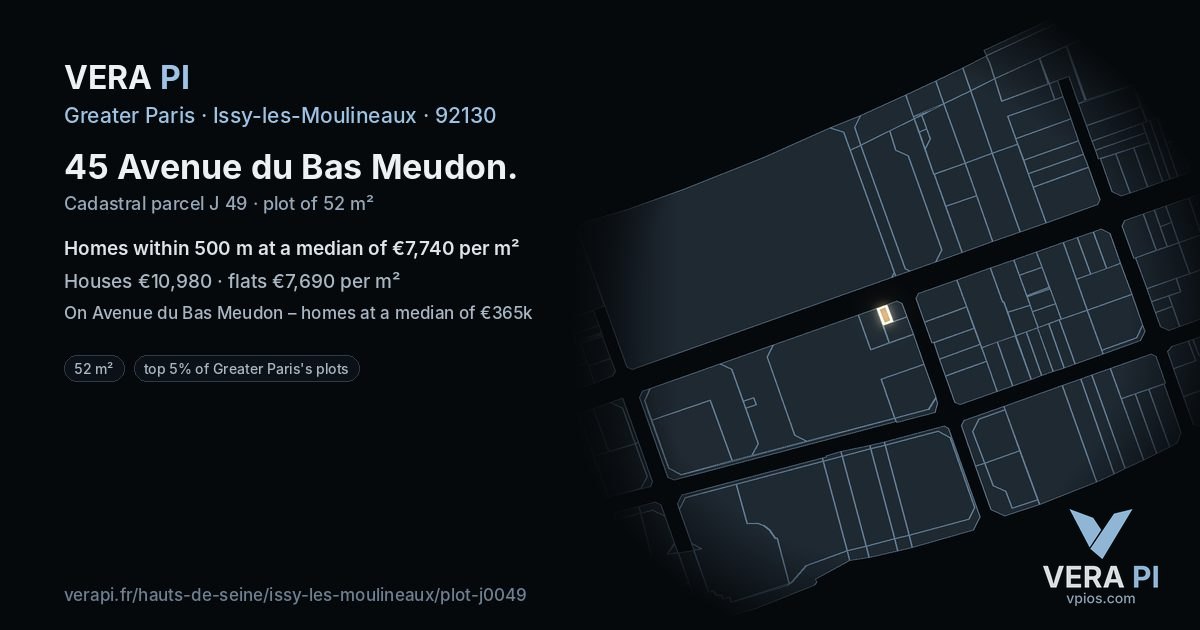 45 Avenue du Bas Meudon, Issy-les-Moulineaux at night – the plot lit, the parcels around coloured by the prices near them