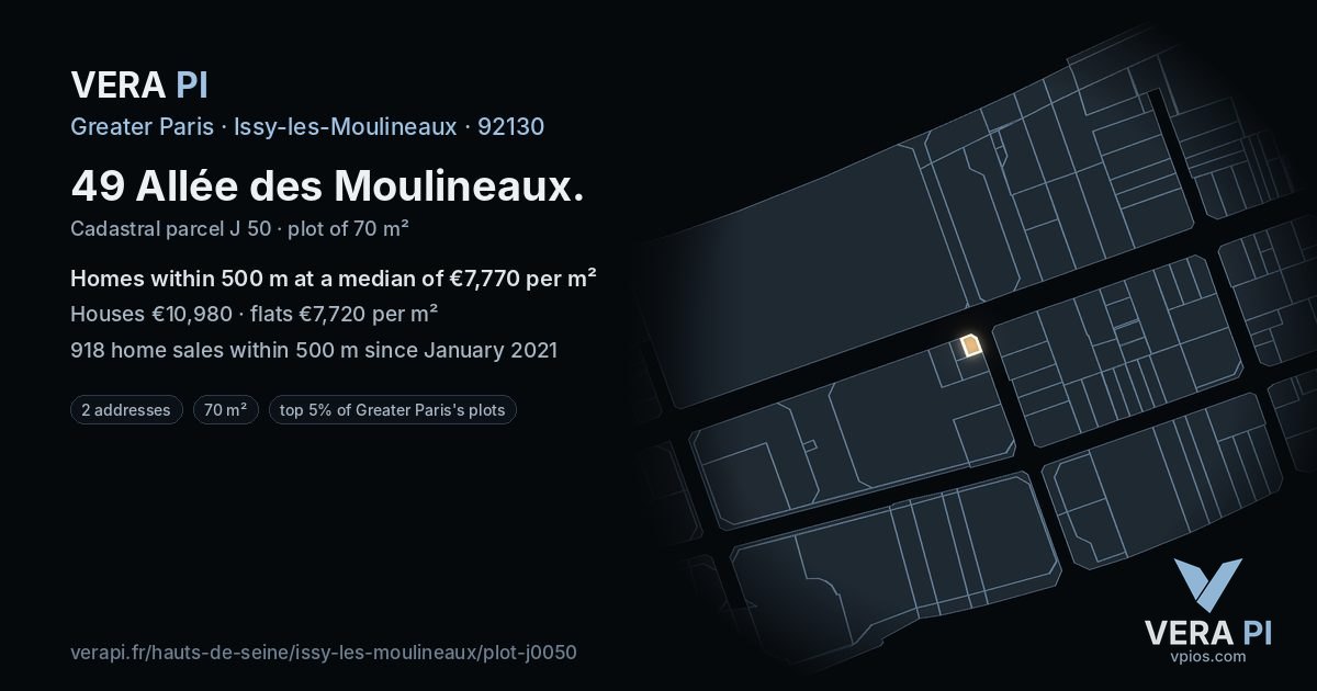49 Allée des Moulineaux, Issy-les-Moulineaux at night – the plot lit, the parcels around coloured by the prices near them