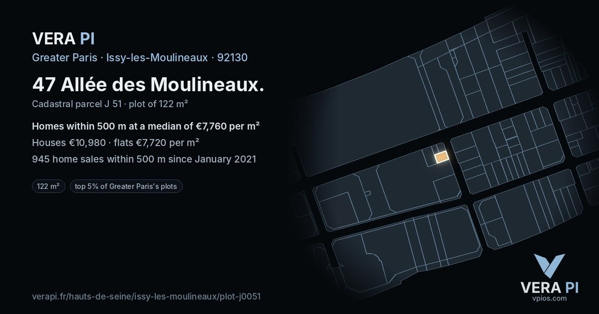 47 Allée des Moulineaux, Issy-les-Moulineaux at night – the plot lit, the parcels around coloured by the prices near them