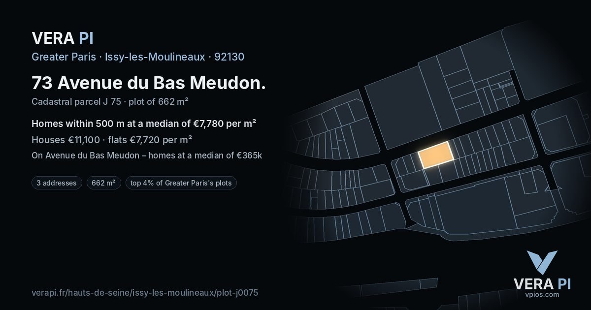73 Avenue du Bas Meudon, Issy-les-Moulineaux at night – the plot lit, the parcels around coloured by the prices near them