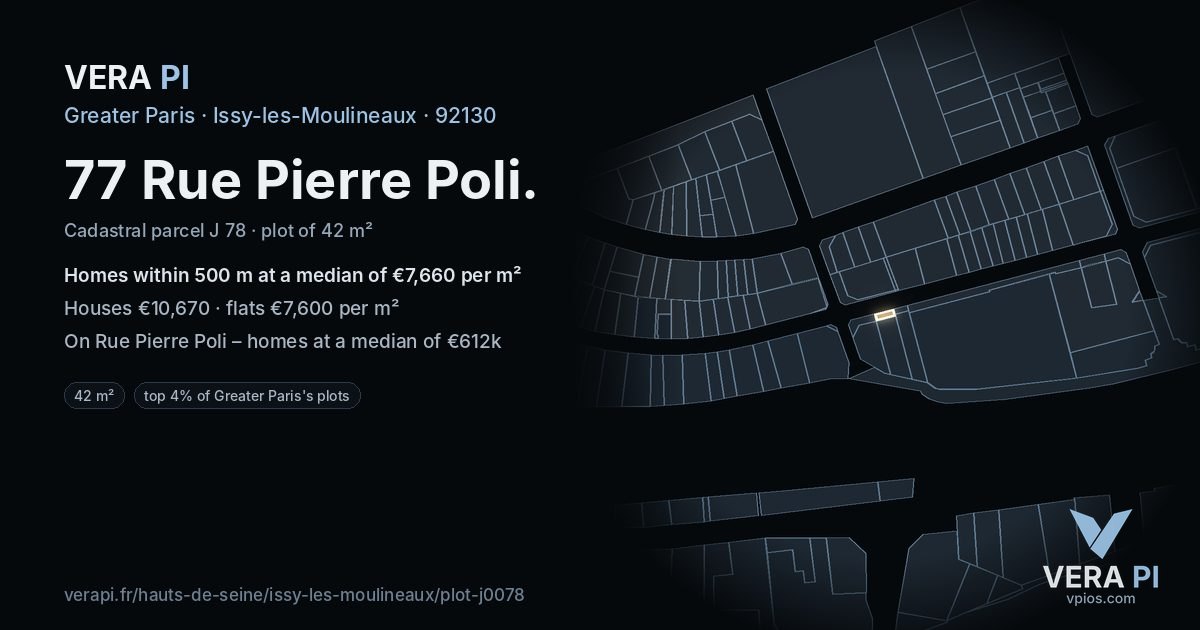 77 Rue Pierre Poli, Issy-les-Moulineaux at night – the plot lit, the parcels around coloured by the prices near them