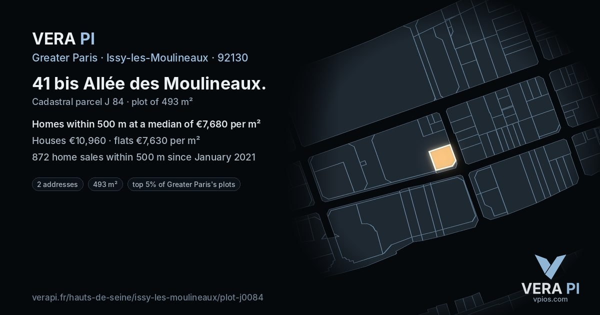 41 bis Allée des Moulineaux, Issy-les-Moulineaux at night – the plot lit, the parcels around coloured by the prices near them