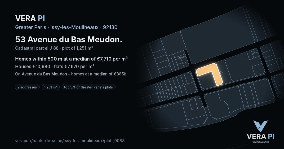 53 Avenue du Bas Meudon, Issy-les-Moulineaux at night – the plot lit, the parcels around coloured by the prices near them