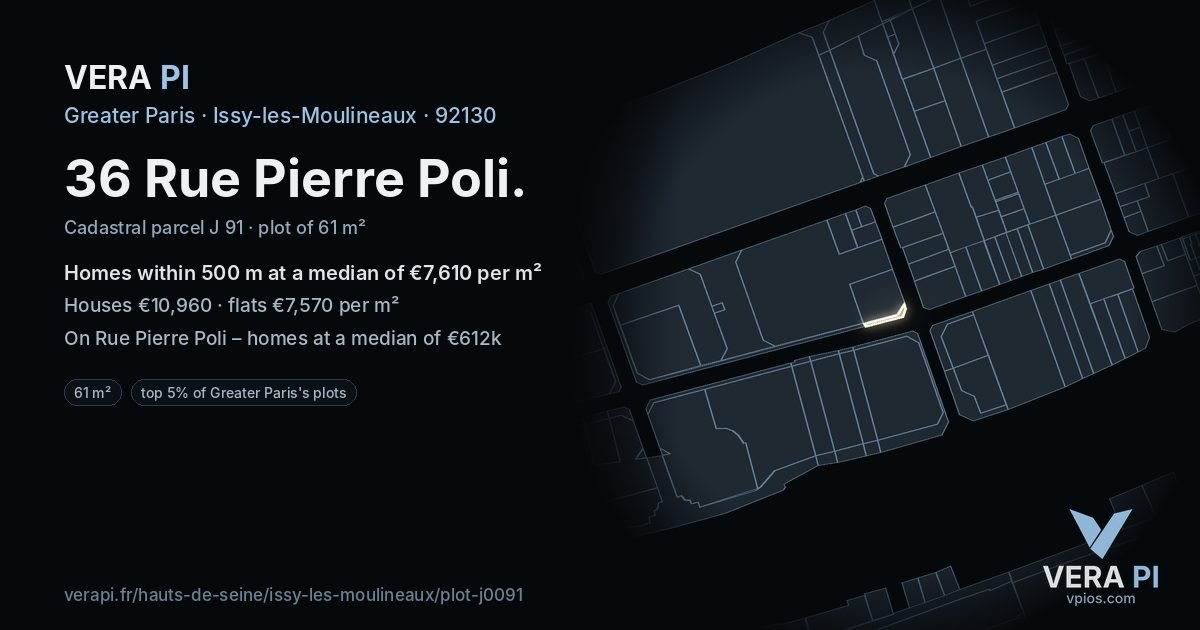 36 Rue Pierre Poli, Issy-les-Moulineaux at night – the plot lit, the parcels around coloured by the prices near them