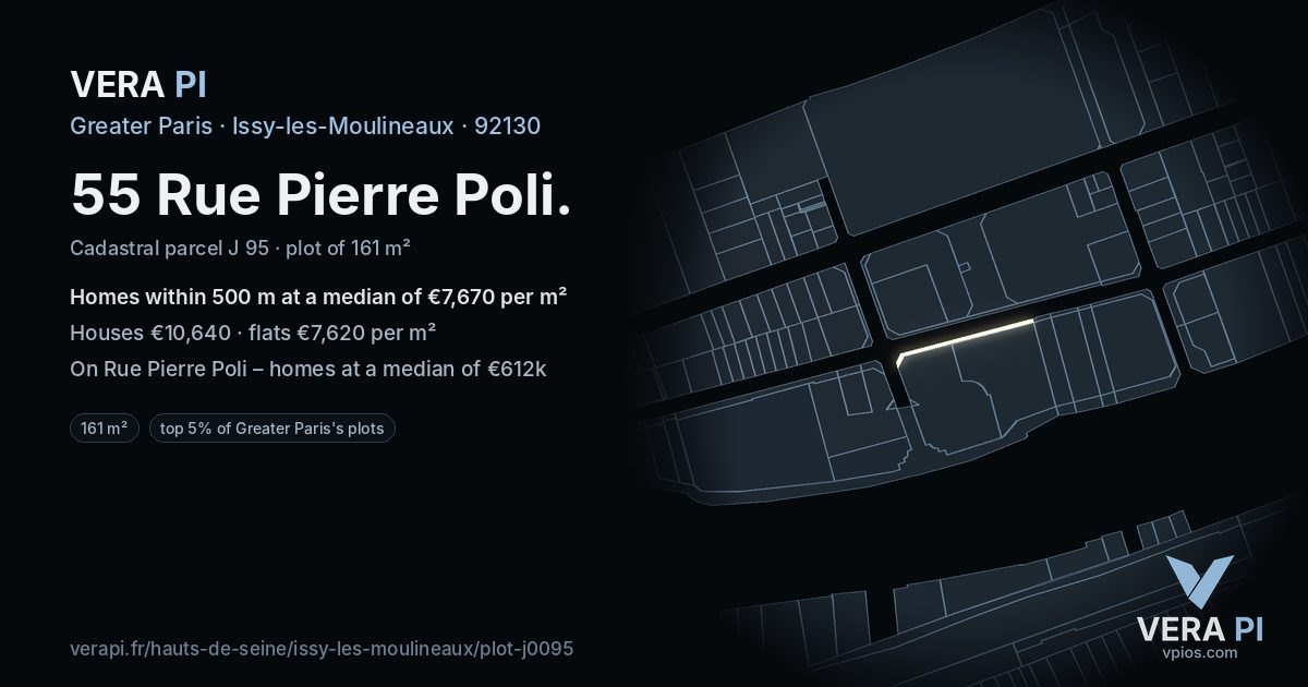 55 Rue Pierre Poli, Issy-les-Moulineaux at night – the plot lit, the parcels around coloured by the prices near them
