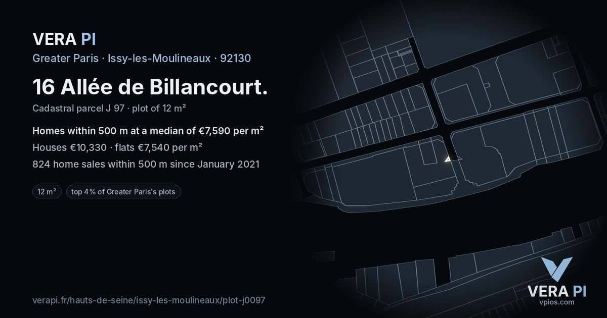16 Allée de Billancourt, Issy-les-Moulineaux at night – the plot lit, the parcels around coloured by the prices near them