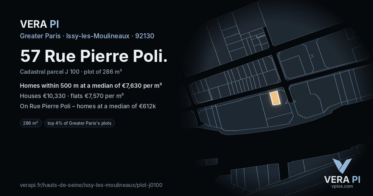 57 Rue Pierre Poli, Issy-les-Moulineaux at night – the plot lit, the parcels around coloured by the prices near them