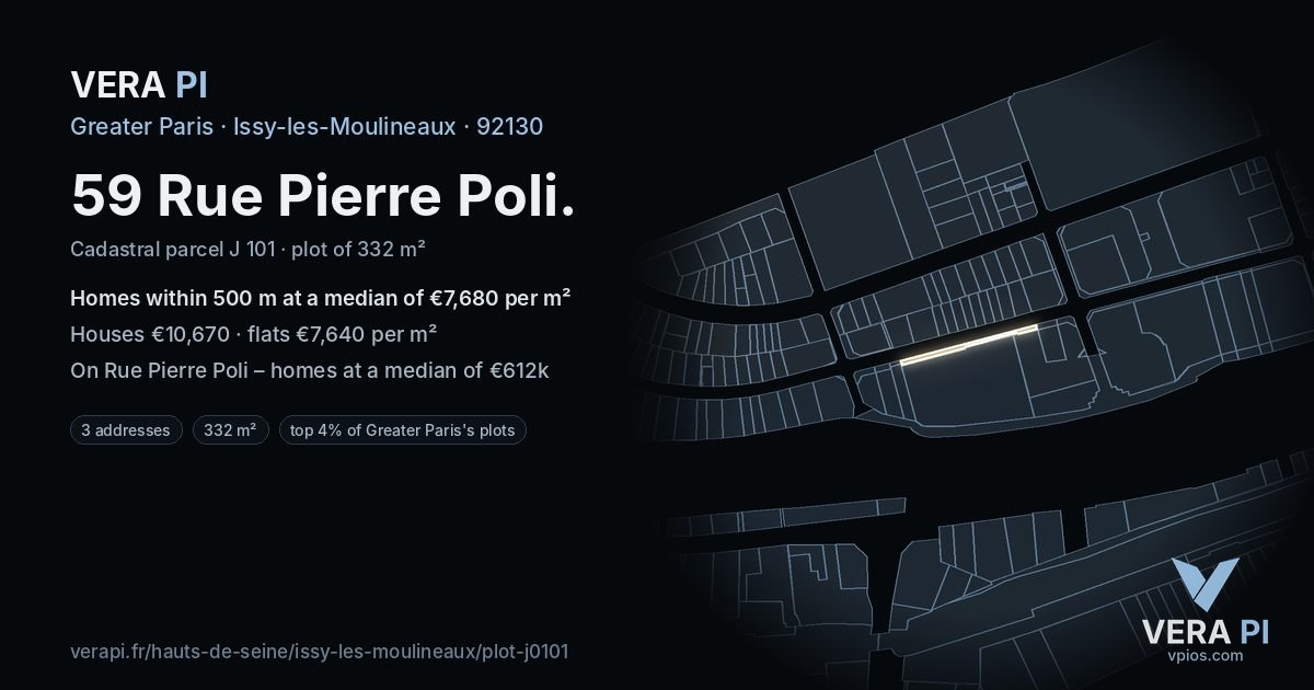 59 Rue Pierre Poli, Issy-les-Moulineaux at night – the plot lit, the parcels around coloured by the prices near them