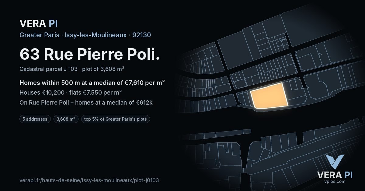 63 Rue Pierre Poli, Issy-les-Moulineaux at night – the plot lit, the parcels around coloured by the prices near them