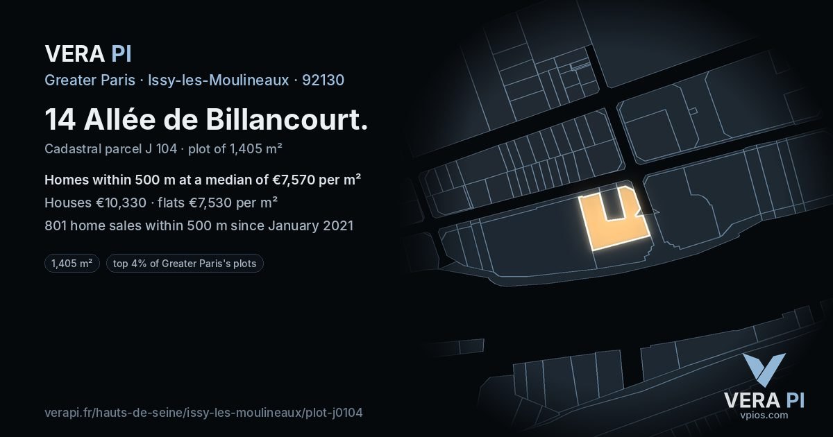 14 Allée de Billancourt, Issy-les-Moulineaux at night – the plot lit, the parcels around coloured by the prices near them