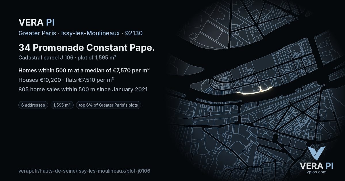 34 Promenade Constant Pape, Issy-les-Moulineaux at night – the plot lit, the parcels around coloured by the prices near them