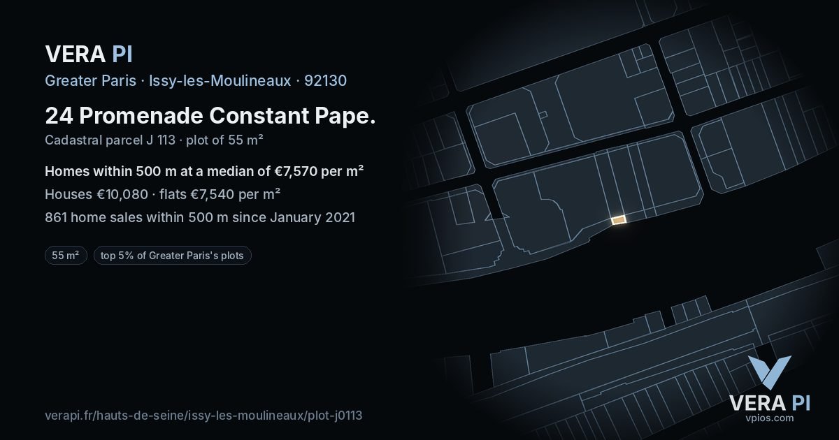 24 Promenade Constant Pape, Issy-les-Moulineaux at night – the plot lit, the parcels around coloured by the prices near them