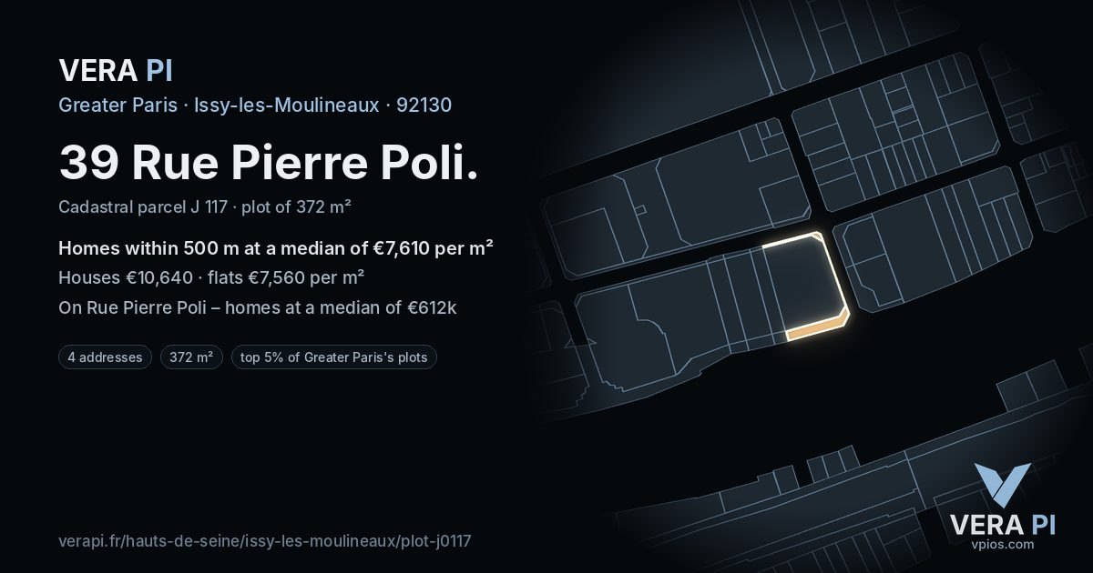 39 Rue Pierre Poli, Issy-les-Moulineaux at night – the plot lit, the parcels around coloured by the prices near them