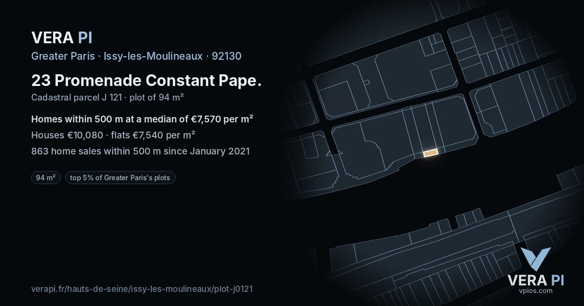 23 Promenade Constant Pape, Issy-les-Moulineaux at night – the plot lit, the parcels around coloured by the prices near them