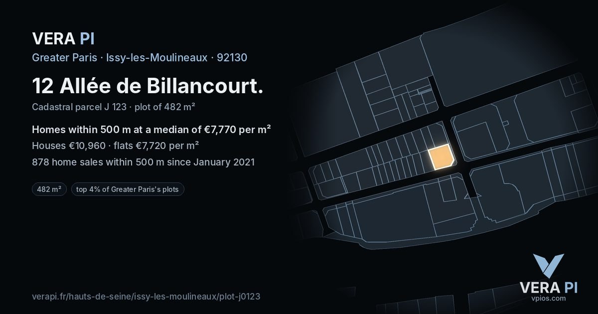 12 Allée de Billancourt, Issy-les-Moulineaux at night – the plot lit, the parcels around coloured by the prices near them