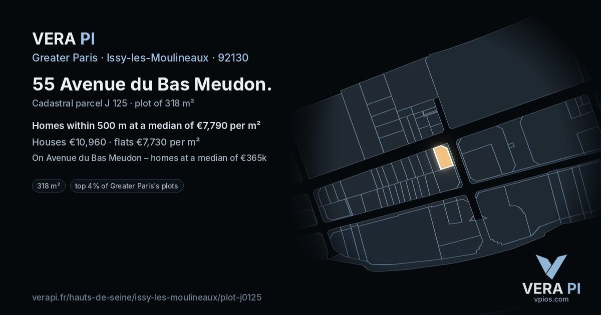 55 Avenue du Bas Meudon, Issy-les-Moulineaux at night – the plot lit, the parcels around coloured by the prices near them
