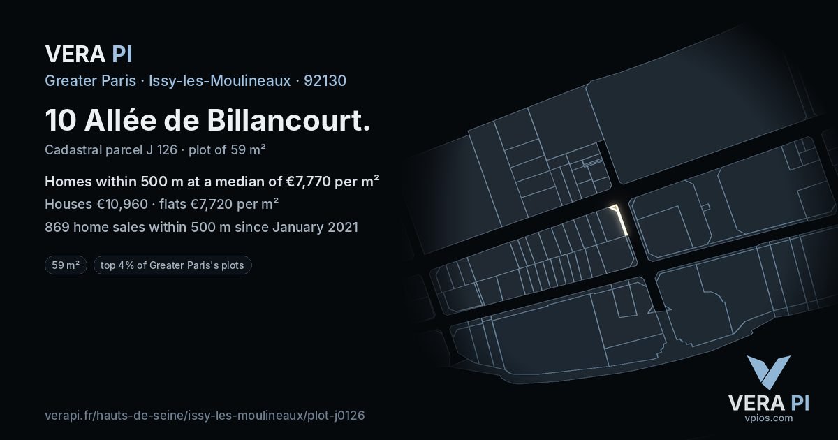 10 Allée de Billancourt, Issy-les-Moulineaux at night – the plot lit, the parcels around coloured by the prices near them