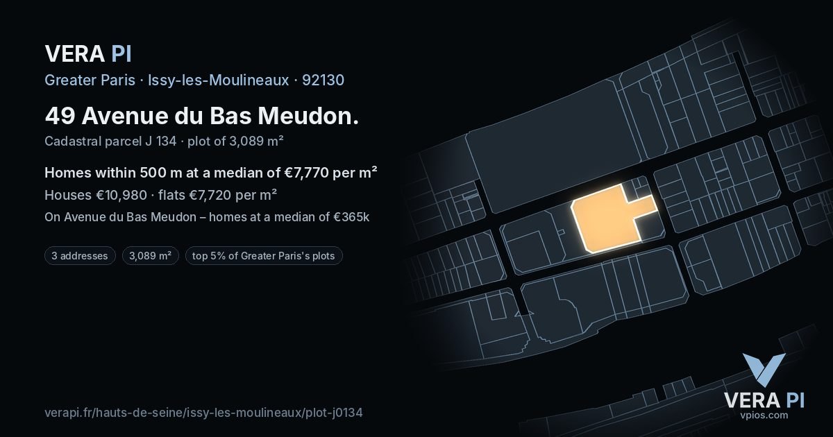 49 Avenue du Bas Meudon, Issy-les-Moulineaux at night – the plot lit, the parcels around coloured by the prices near them