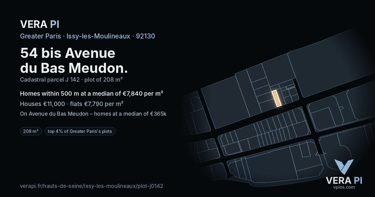 54 bis Avenue du Bas Meudon, Issy-les-Moulineaux at night – the plot lit, the parcels around coloured by the prices near them