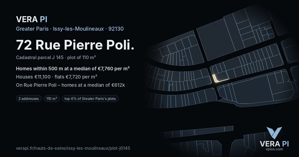 72 Rue Pierre Poli, Issy-les-Moulineaux at night – the plot lit, the parcels around coloured by the prices near them