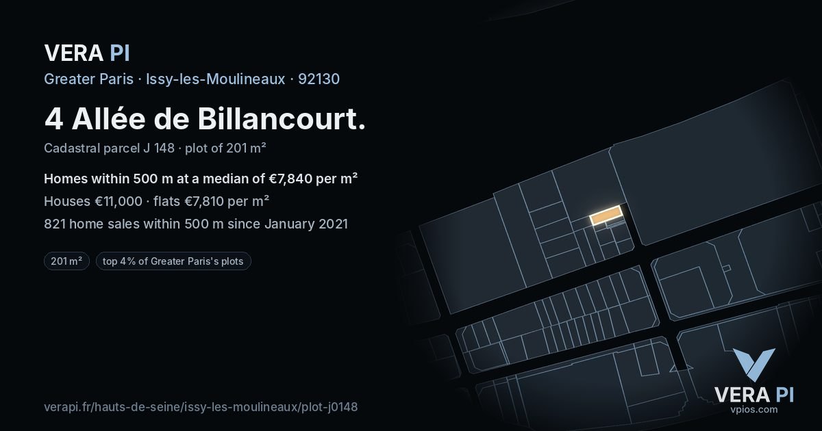 4 Allée de Billancourt, Issy-les-Moulineaux at night – the plot lit, the parcels around coloured by the prices near them