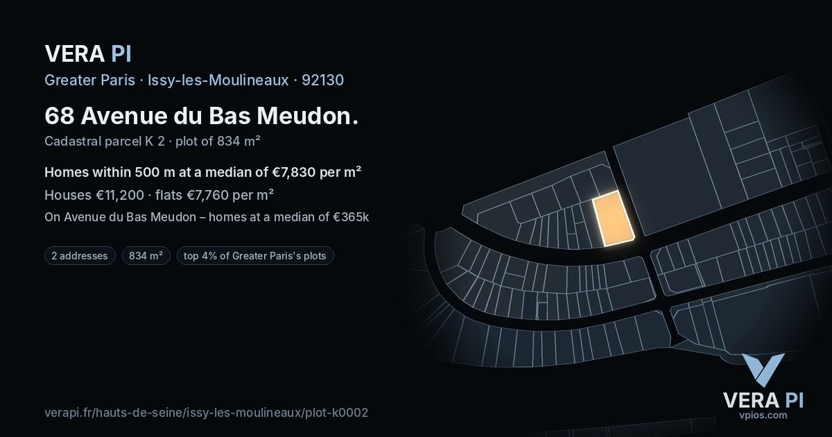 68 Avenue du Bas Meudon, Issy-les-Moulineaux at night – the plot lit, the parcels around coloured by the prices near them