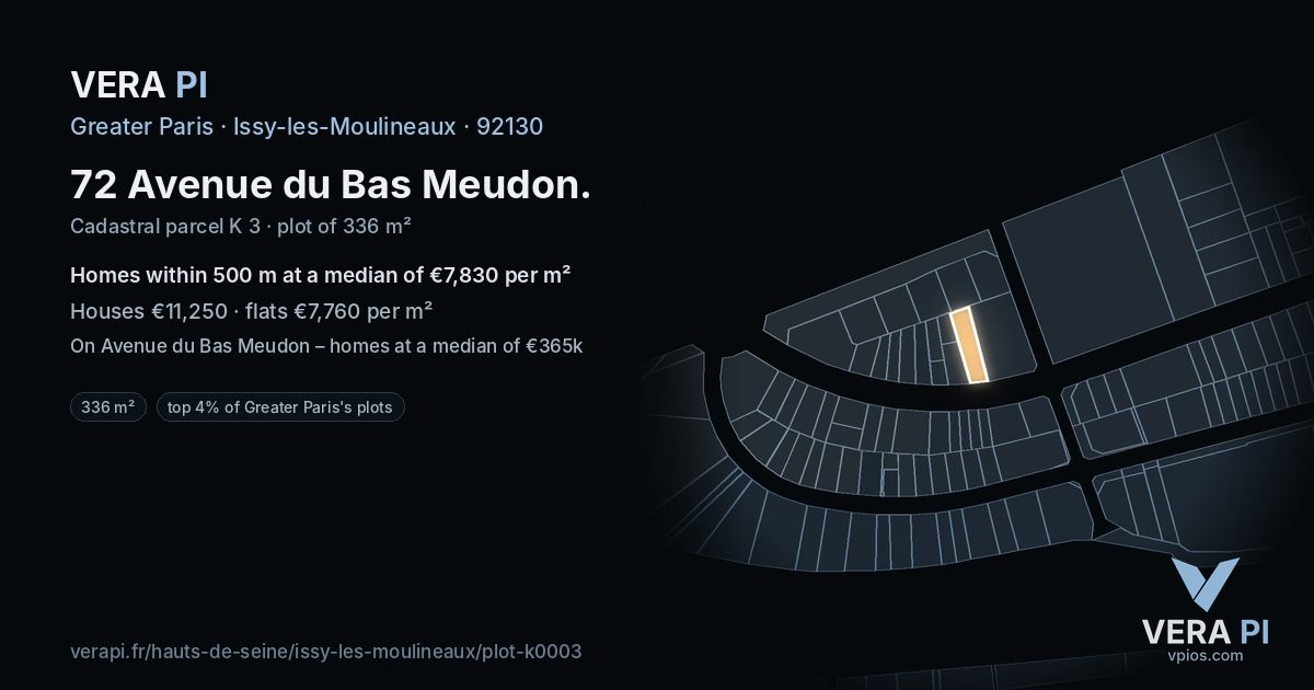 72 Avenue du Bas Meudon, Issy-les-Moulineaux at night – the plot lit, the parcels around coloured by the prices near them