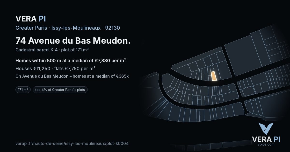74 Avenue du Bas Meudon, Issy-les-Moulineaux at night – the plot lit, the parcels around coloured by the prices near them