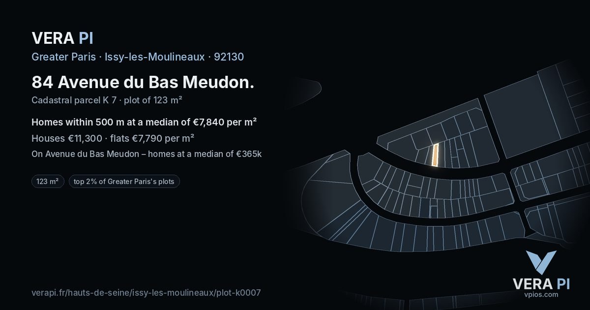 84 Avenue du Bas Meudon, Issy-les-Moulineaux at night – the plot lit, the parcels around coloured by the prices near them
