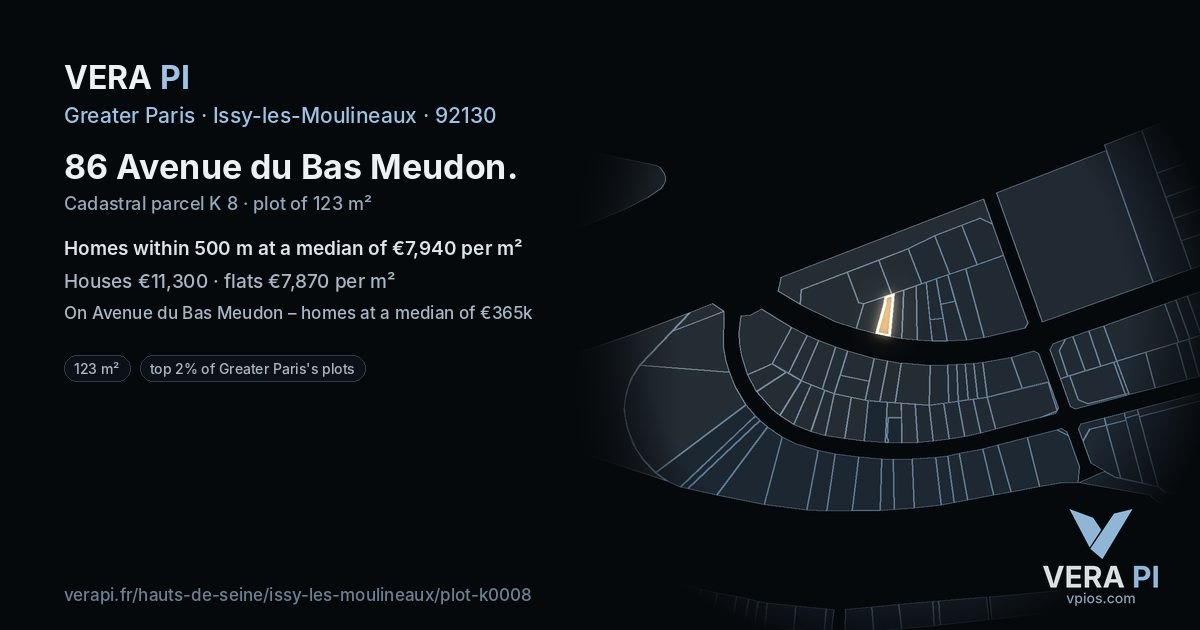 86 Avenue du Bas Meudon, Issy-les-Moulineaux at night – the plot lit, the parcels around coloured by the prices near them